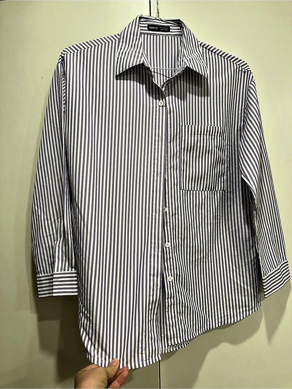 SHEIN Women's Classic Striped Long Sleeve Shirt Purple & White XS